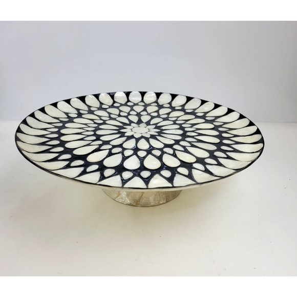 Capiz Shell Pedestal Cake Stand Plate Decorative Flower Inlay Black Ivory 13" - Picture 5 of 15